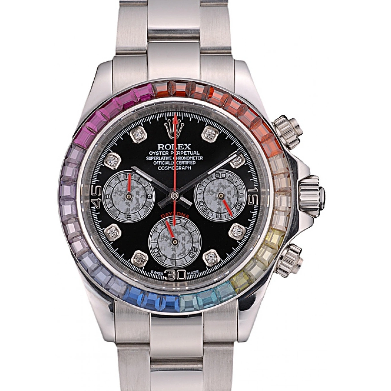 Dial Stainless Bezel Steep Daytona Black Strap Crystals Rolex Rainbow 80250 Cosmograph 1013